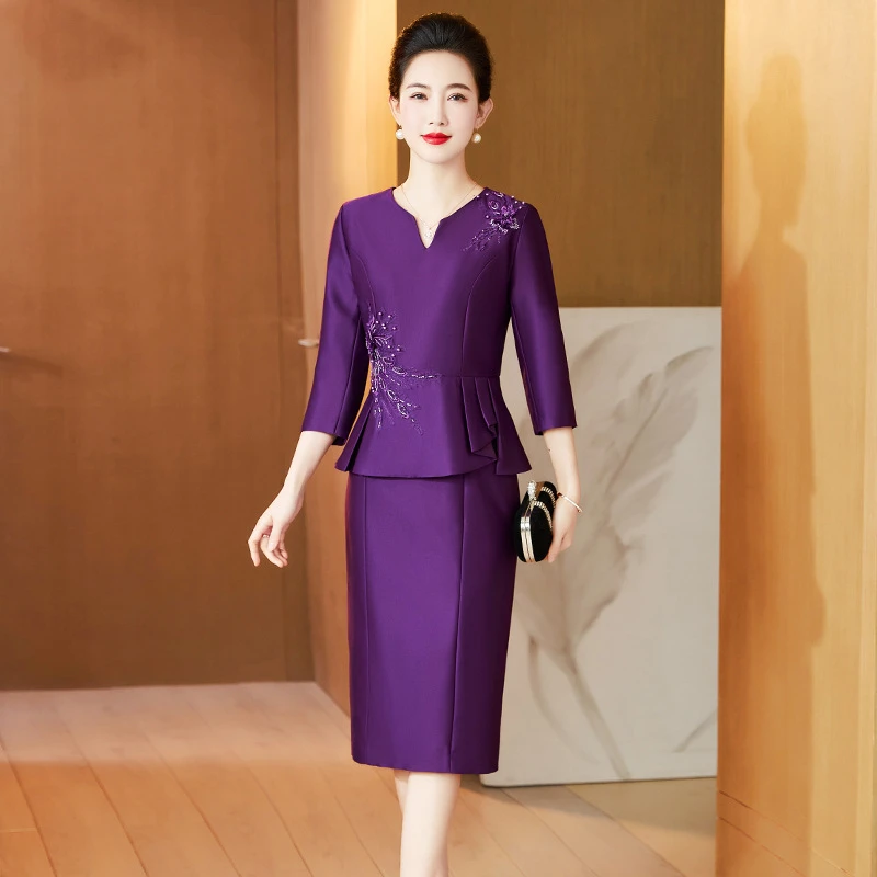 结婚礼服妈妈气质连衣裙假两件遮肚连衣裙喜婆婆高贵优雅婚宴礼服