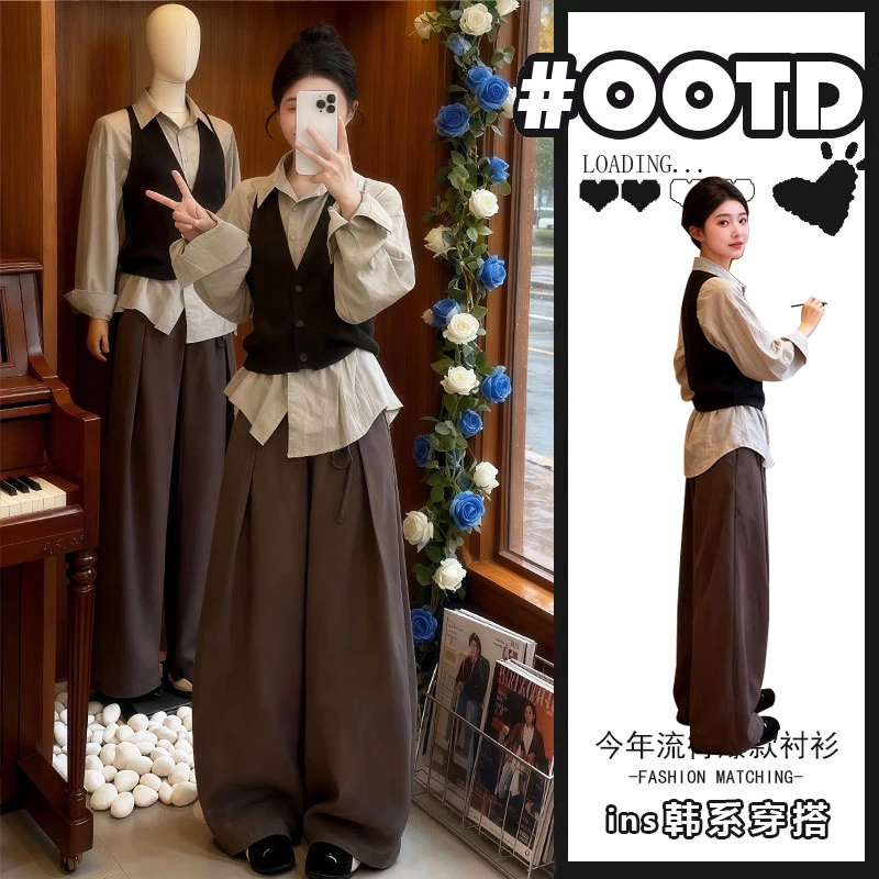 巨好看的早秋一整套韩系穿搭高级感灰色衬衫马甲阔腿裤子三件套装