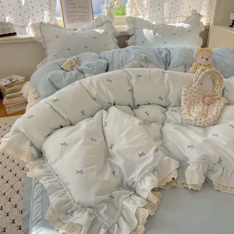 双层纱蕾丝花边床上四件套非全棉纯棉床品被套床裙学生宿舍三件套