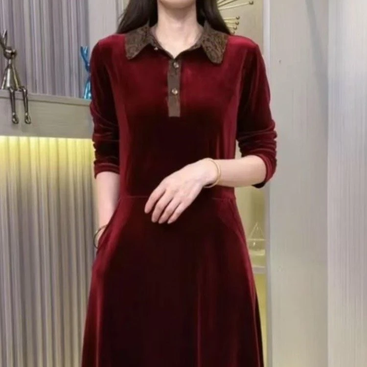 春秋新款丝绒连衣裙中老年女显瘦遮肉中长款气质妈妈减龄长袖裙子