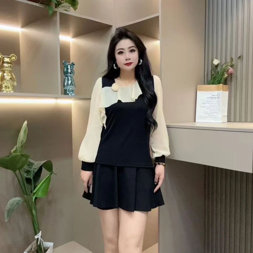 春季小衫-酷 3475时尚潮流肩花拼接显瘦气质百搭胖MM大码女装新款