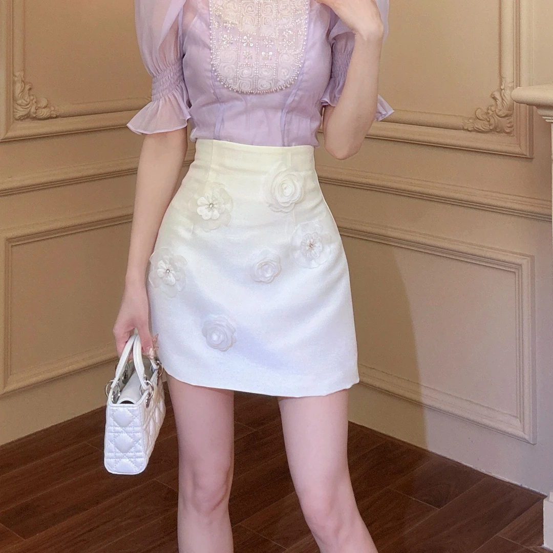 设计款A字裙原创立体花朵显瘦重工半身裙91649