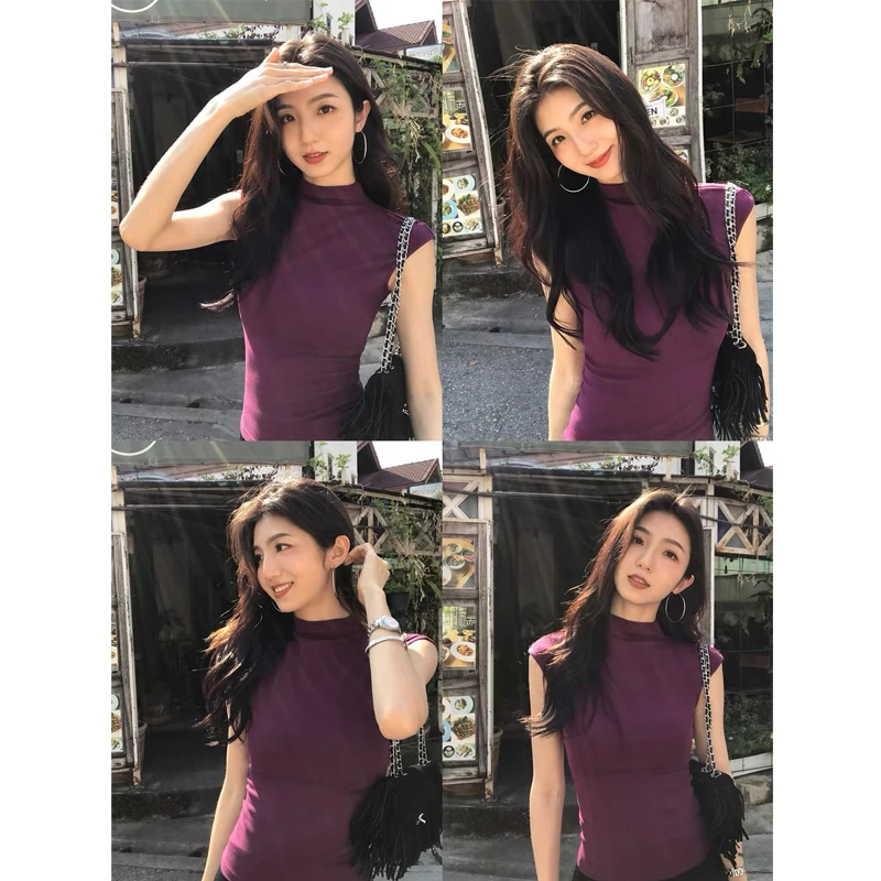 戳心斩腰设计感小飞袖上衣女显瘦修身半高领背心针织短袖t恤夏季