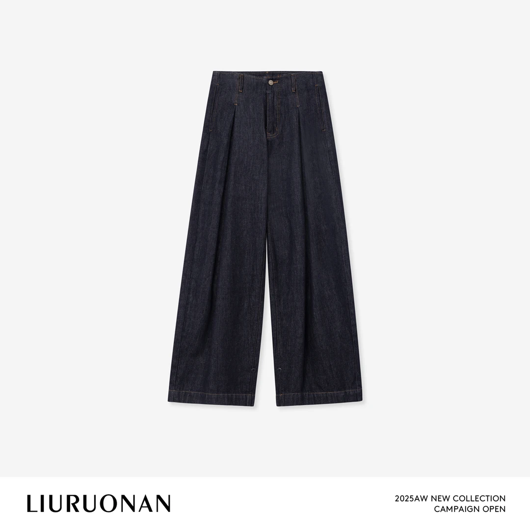 LIURUONAN 25FL【工字褶连腰丹宁裤】立体剪裁水洗宽松牛仔裤秋冬女