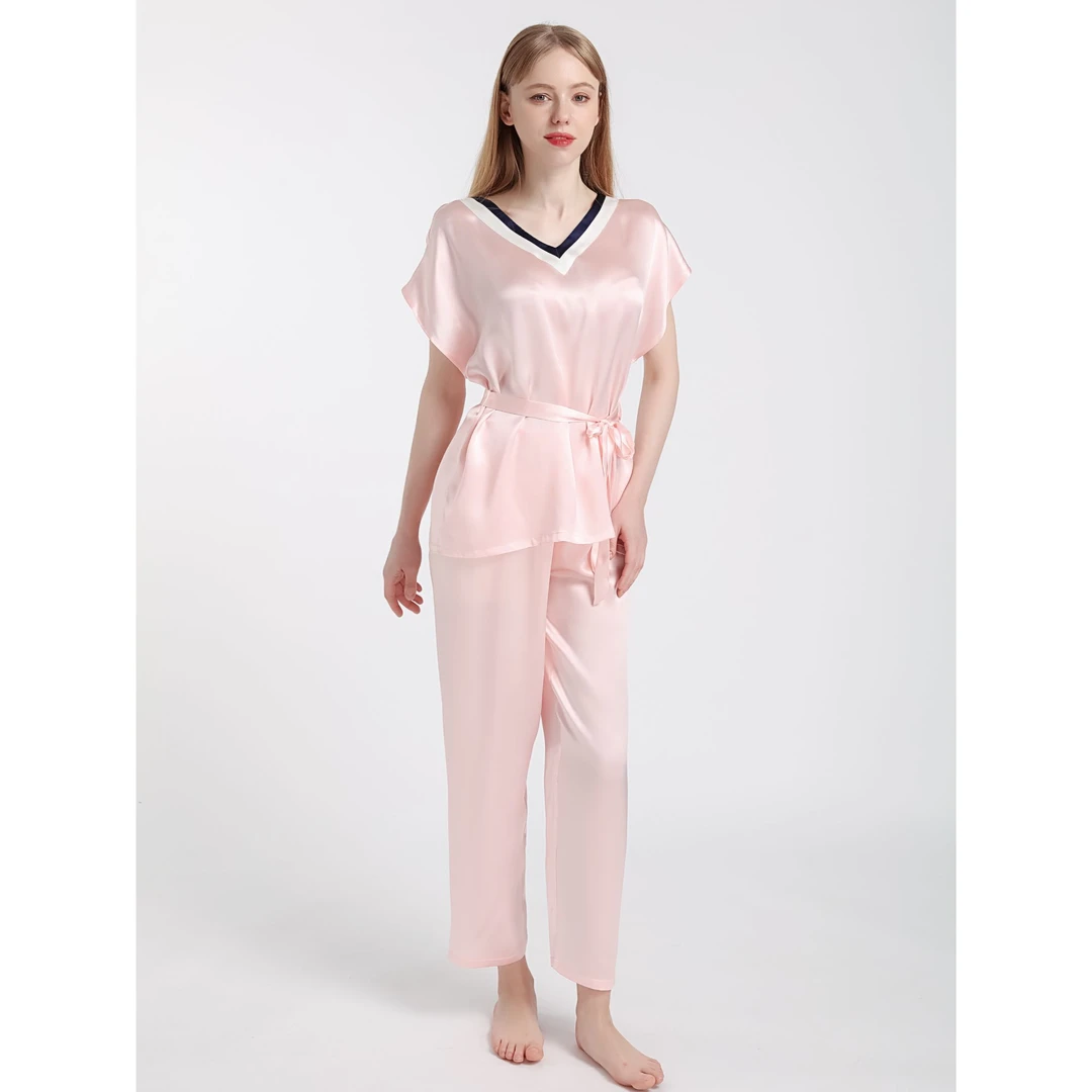 夏季薄款短袖真丝睡衣女套装 撞色V领运动休闲系带桑蚕丝家居服新