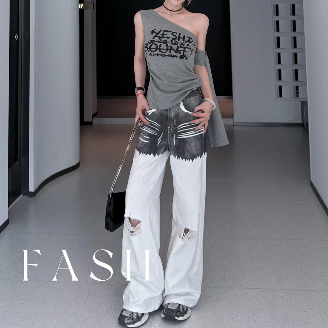 ZC-【定制】拼接设计破洞水洗宽松直筒拖地裤