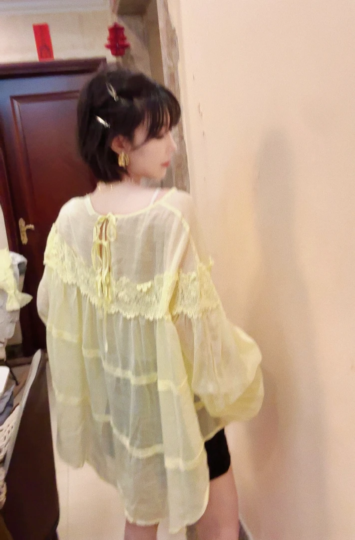 WDD 复愫街套头减龄蕾丝后绑带苎麻衬衫