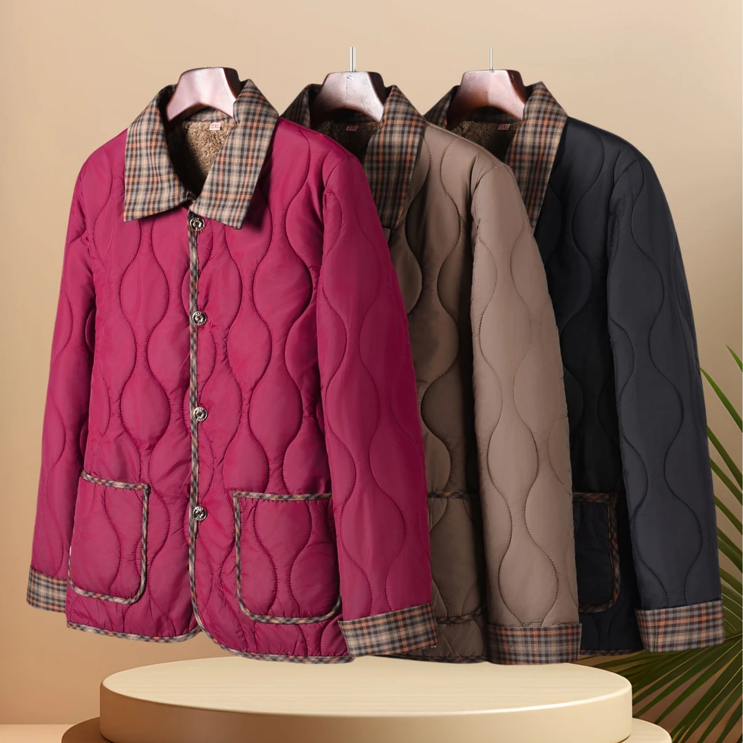 妈妈装秋冬加绒棉衣中老年时尚翻领新款大码棉服宽松轻薄棉袄外套