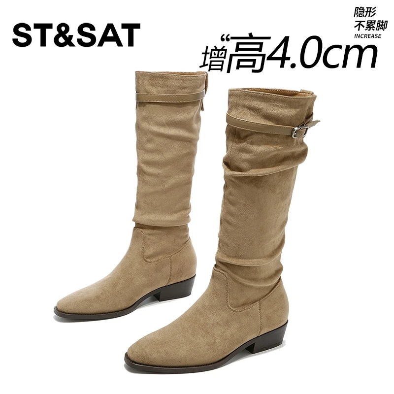 星期六绒面时装靴女2025秋季新款复古粗跟绒面堆堆靴不过膝长筒靴