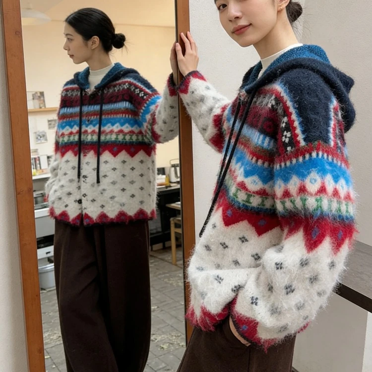 费尔岛圣诞氛围感毛衣女冬韩系复古编织提花系带连帽毛绒感开衫