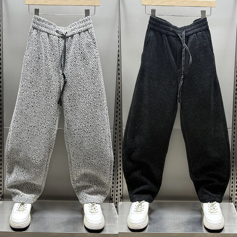 秋冬新款斜条纹垂感慵懒风休闲裤男士时尚阔腿宽松直筒裤运动卫裤