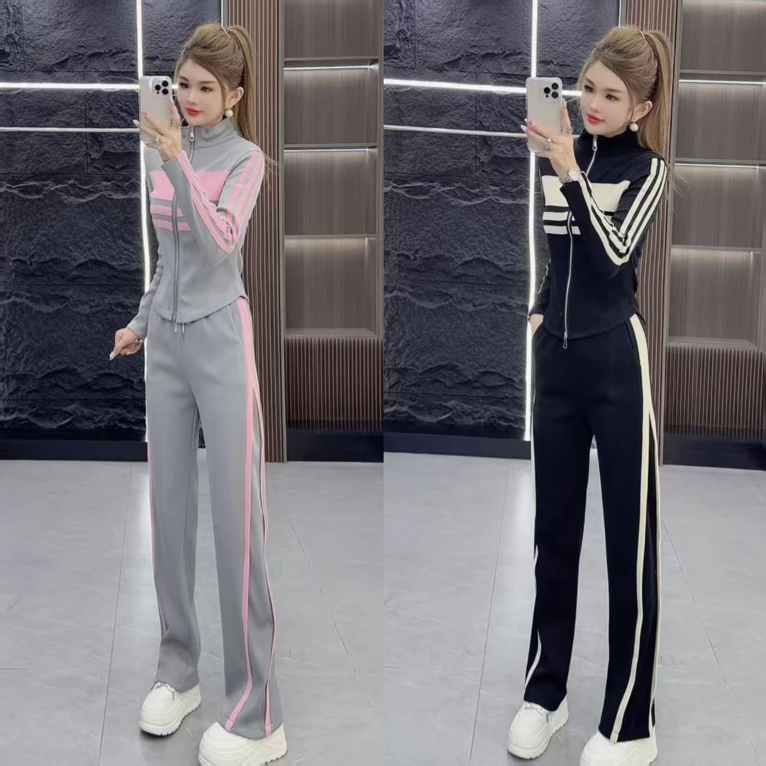 精品0617 秋季新款运动感撞色条纹立领拉链上衣 加 直通裤 两件套