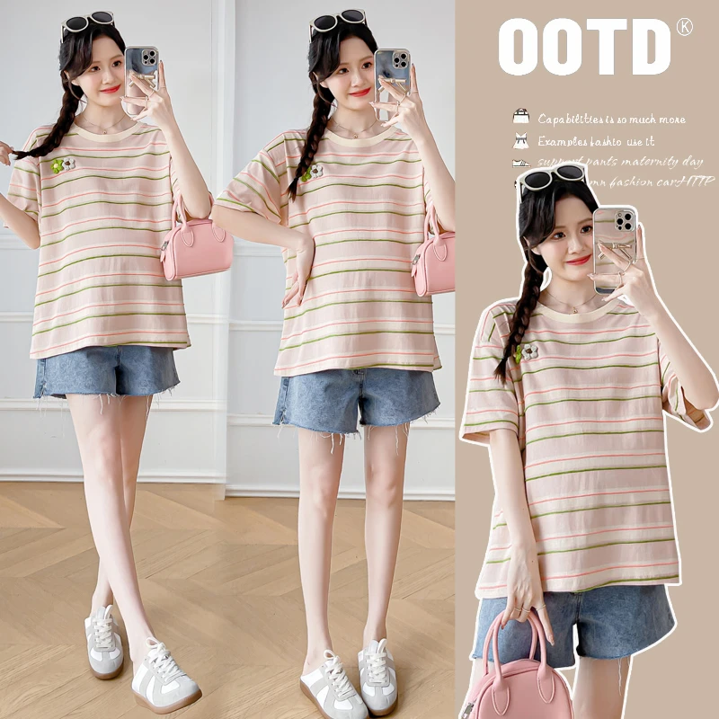 夏装新款百搭显瘦时尚小众孕妇装条纹上衣宽松休闲T恤圆领大码女