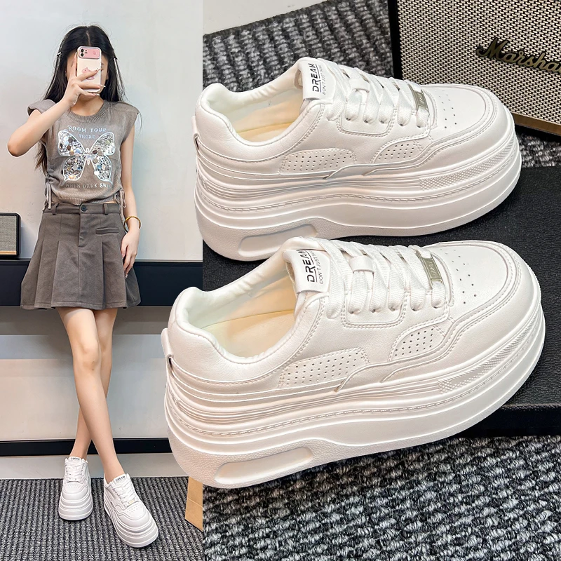 8CM厚底真皮小白鞋女2025新款秋季小个子增高女鞋休闲运动松糕鞋