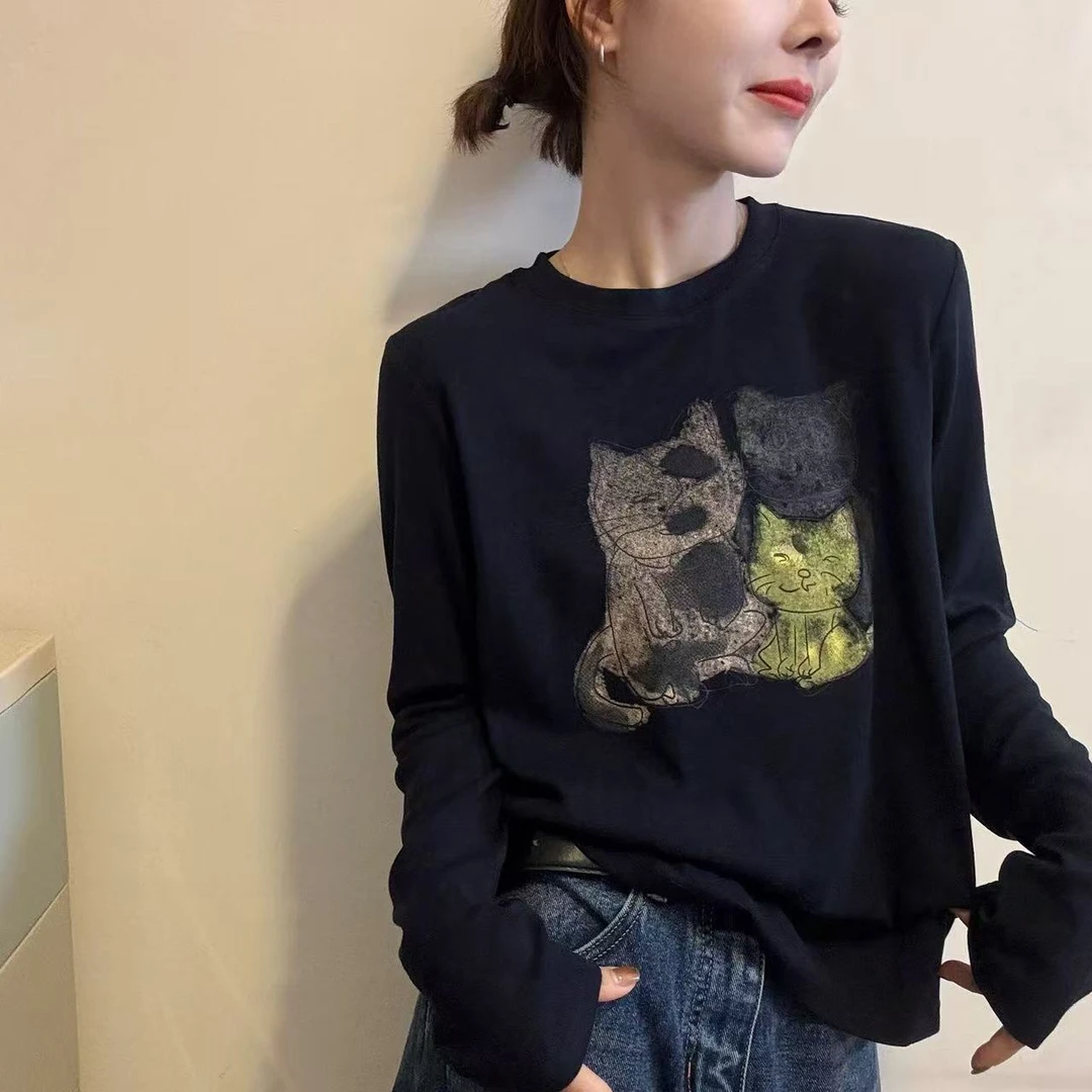 欧洲站卡通猫咪印花长袖T恤2025秋新款女时尚巨好看的早秋上衣