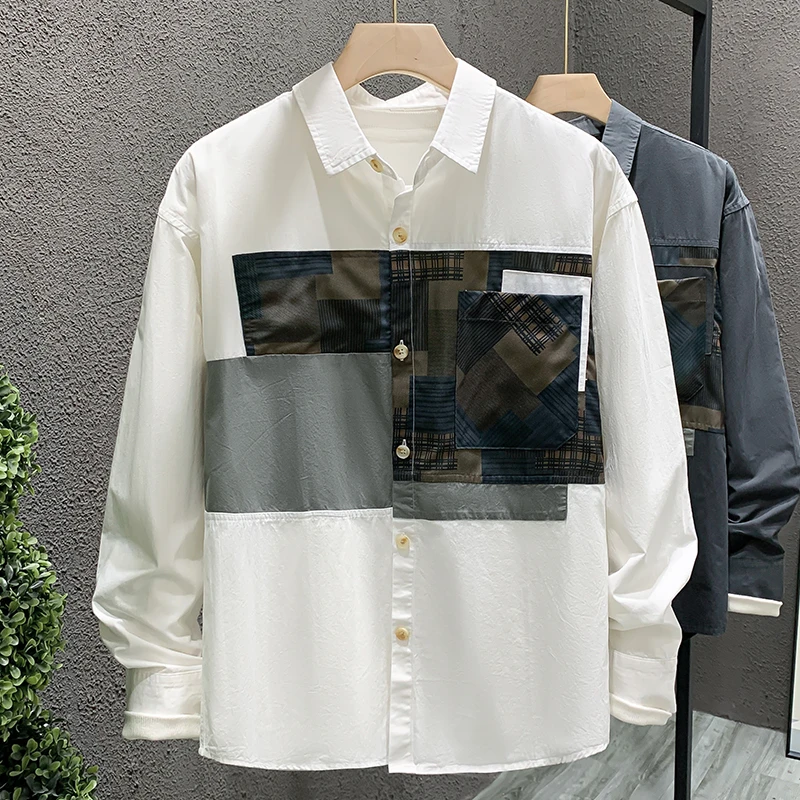 春秋新款轻奢日系个性拼接长袖衬衫男士休闲文艺百搭时尚宽松上衣