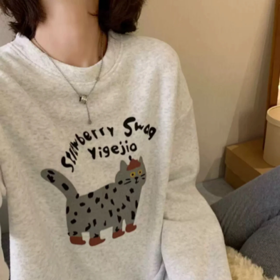 萌趣风印花T恤圆领设计感加绒ins韩版慵懒时尚套头卫衣打底