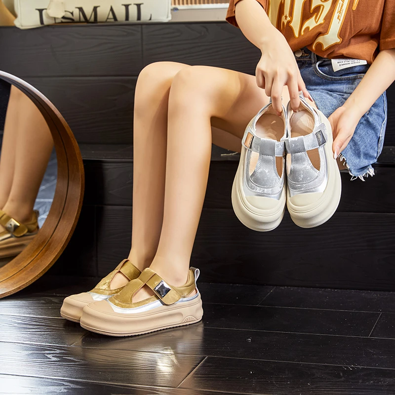 真皮百搭软底女款2025新款网红圆头厚底休闲复古鞋 11192