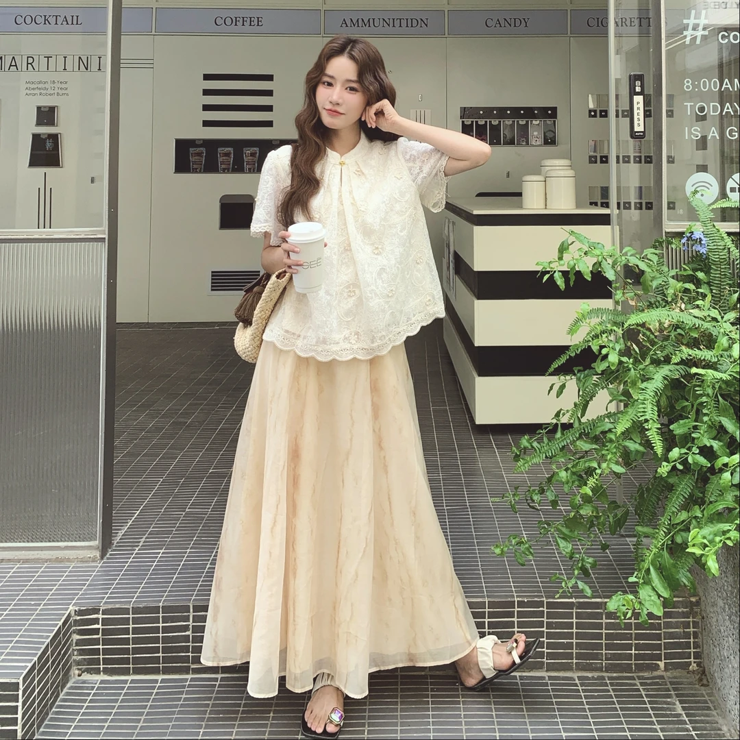 新中式蕾丝钩花衬衫晕染半身裙套装女2025夏季新款气质减龄两件套