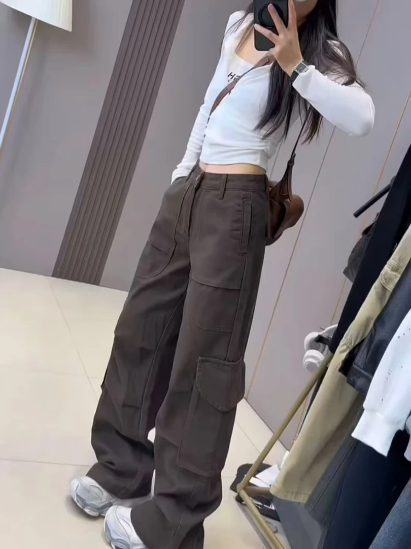 秋冬季新款大码美式多口袋宽松工装弯刀牛仔裤梨形身材显瘦阔腿裤