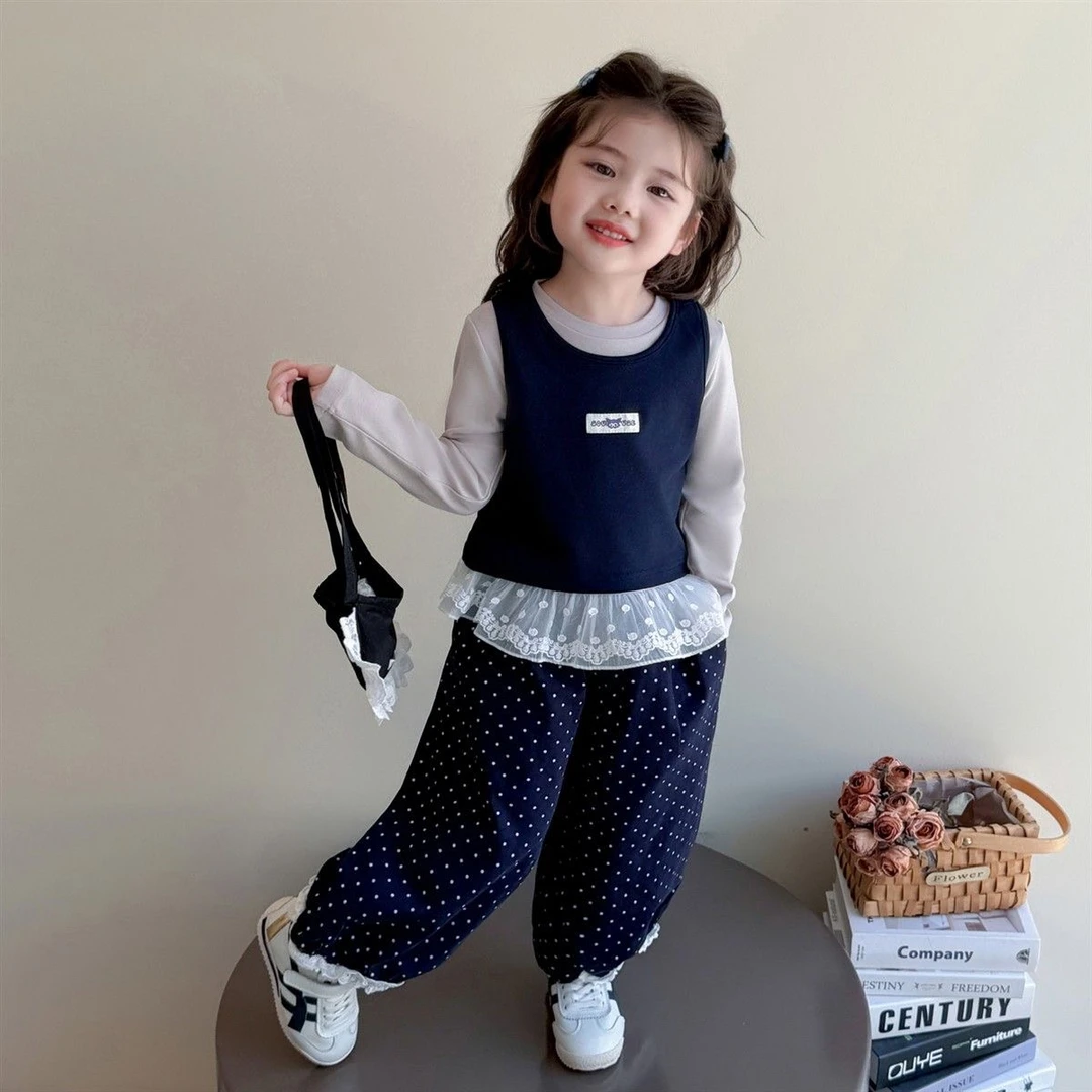 女童秋季2025套装新款早秋打底韩版儿童洋气宝宝背心套装波点