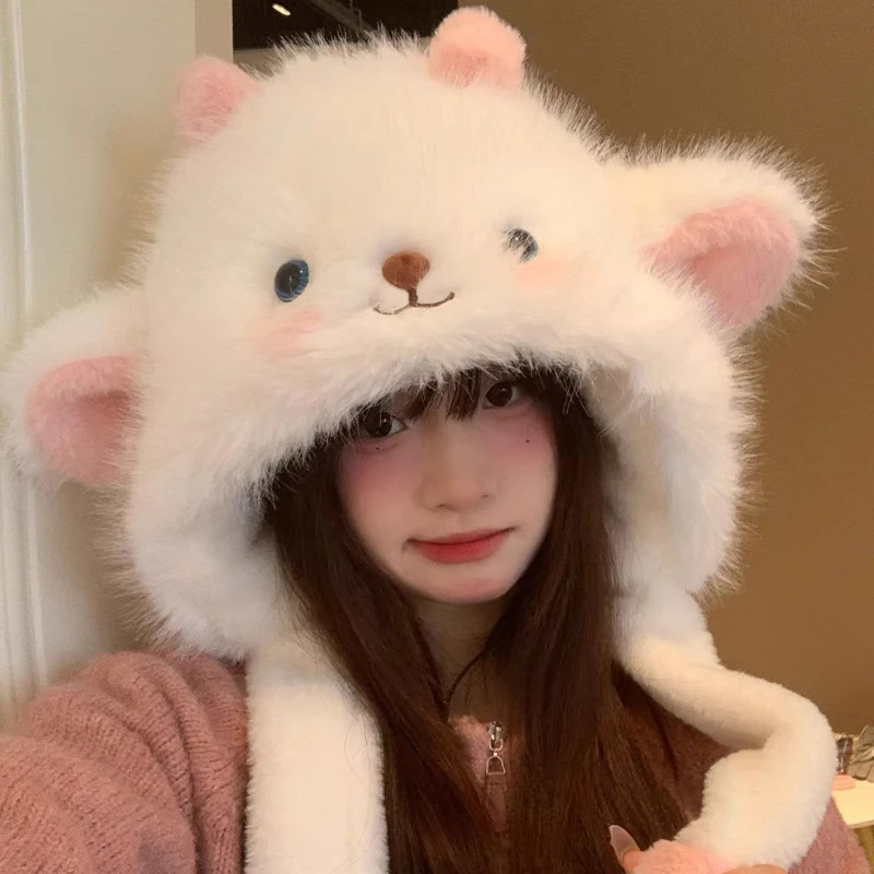 【耳朵会动】保暖防寒冬季新款可爱小羊帽子白加绒女甜美护耳防寒