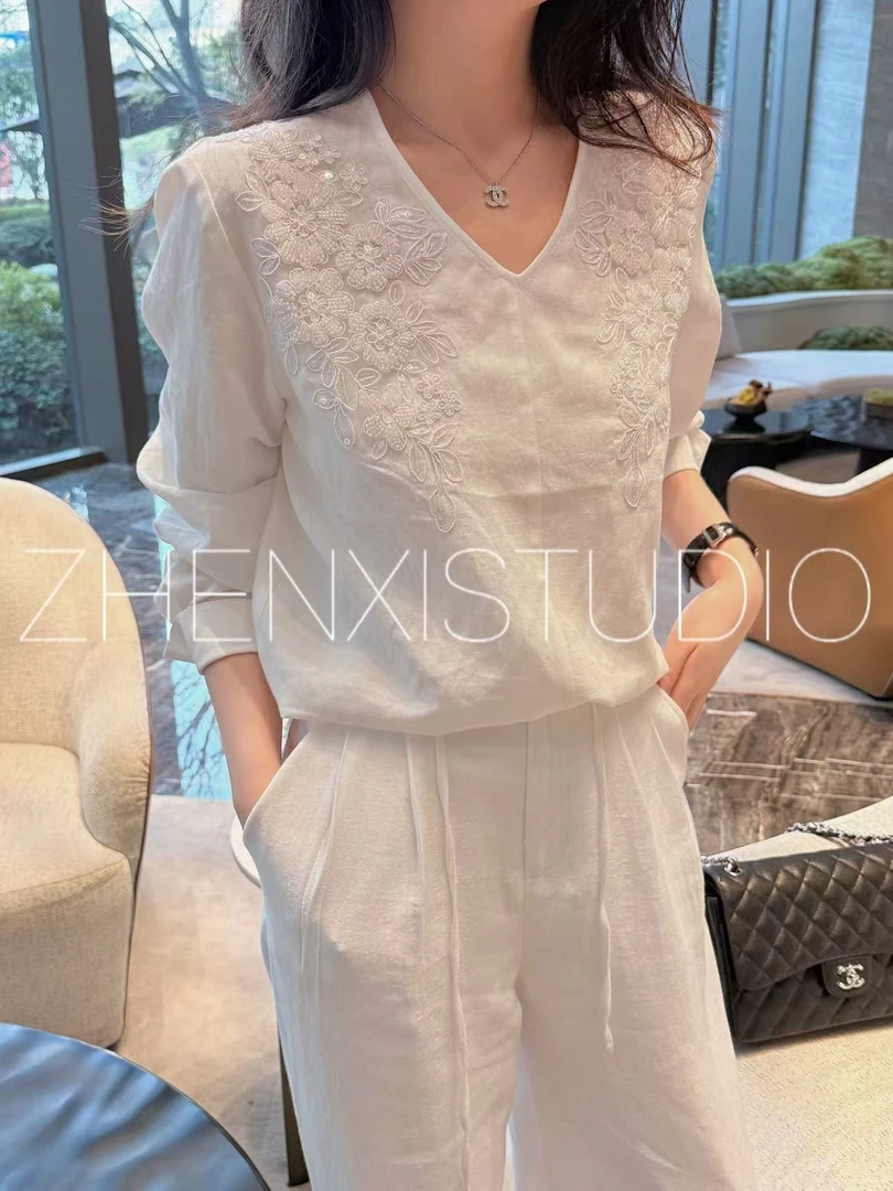 针西【水钻亚麻】高个子穿搭简约休闲气质高级感珠绣V领罩衫W90177