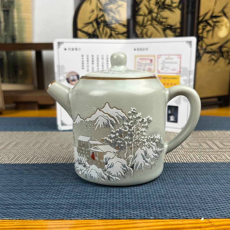 铁胎汝窑直身壶高档描金茶壶颜荣聪大师名作泡茶壶家用中国风雪景