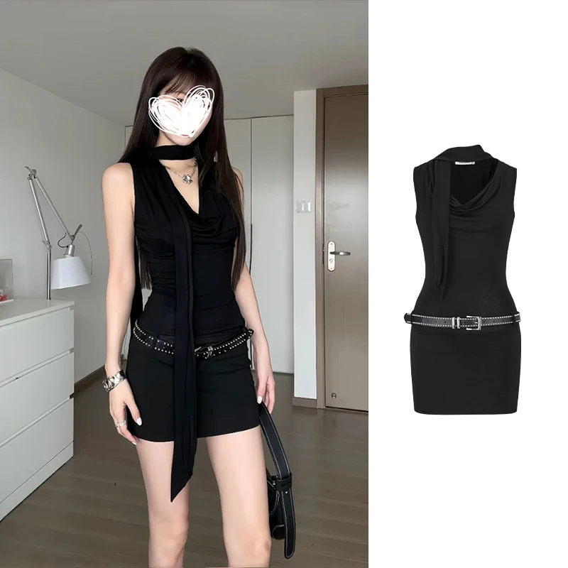 Moses Queen/魔西女王美式辣妹气质荡领包臀裙性感无袖收腰连衣裙