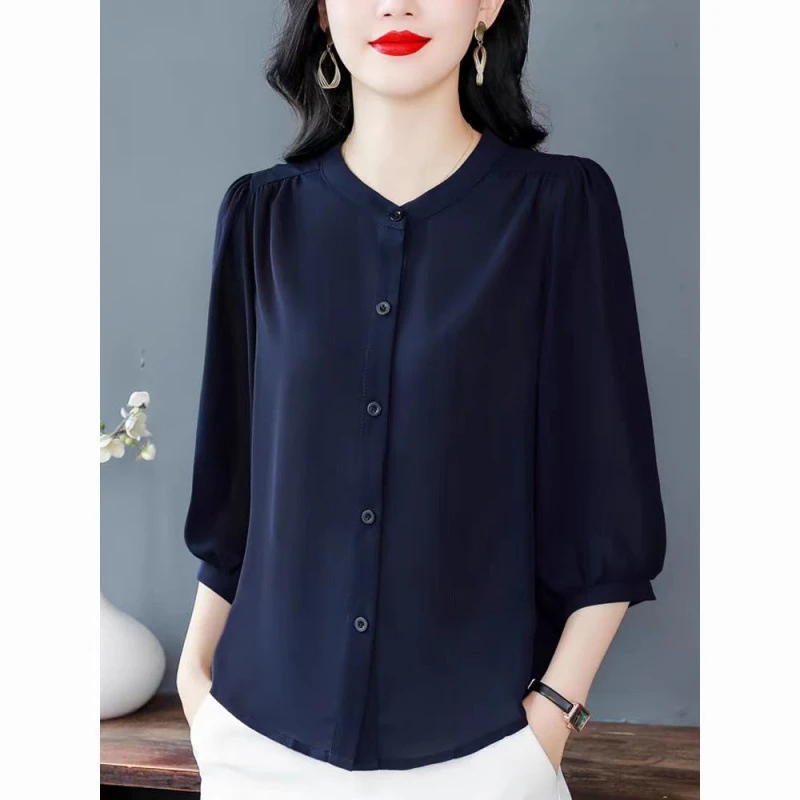 夏季新款七分袖纯色减龄妈妈气质衬衫女上衣时尚衬衣薄款洋气小衫