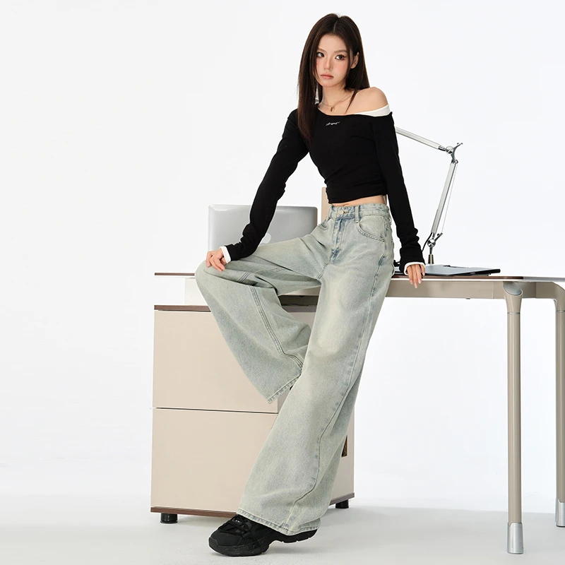 2025秋装浅色美式直筒宽松牛仔裤女年春季新款高腰宽松显瘦慵懒阔