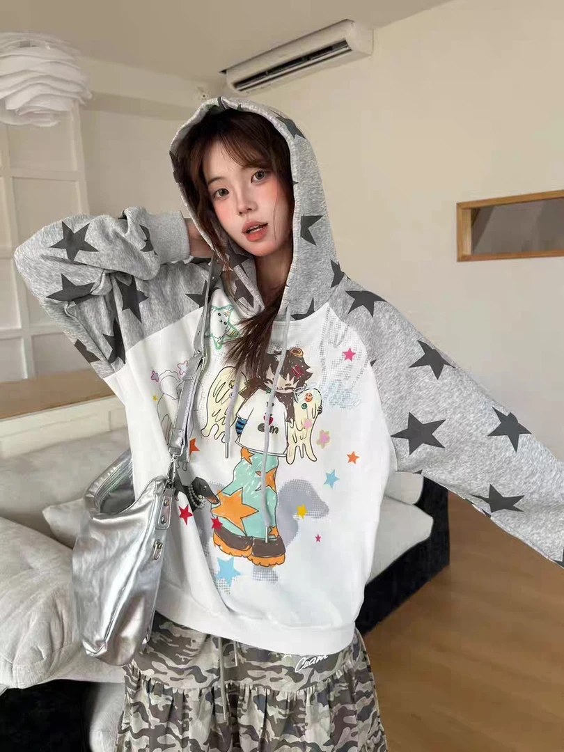 Y2K亚文化撞色星星卡通少女插肩袖连帽卫衣