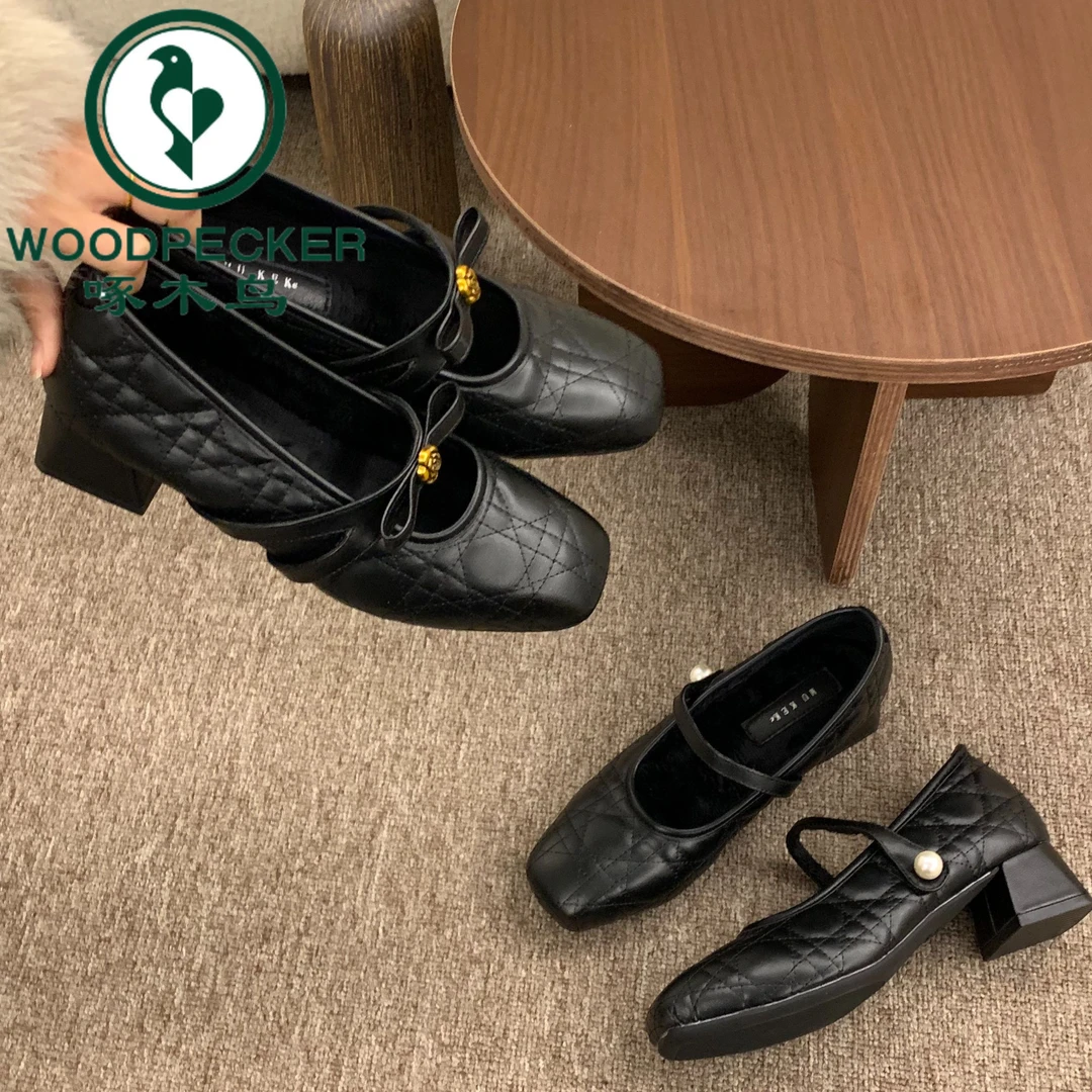 啄木鸟高跟鞋山茶花名媛风玛丽珍鞋2026冬季加绒保暖百搭单鞋粗跟