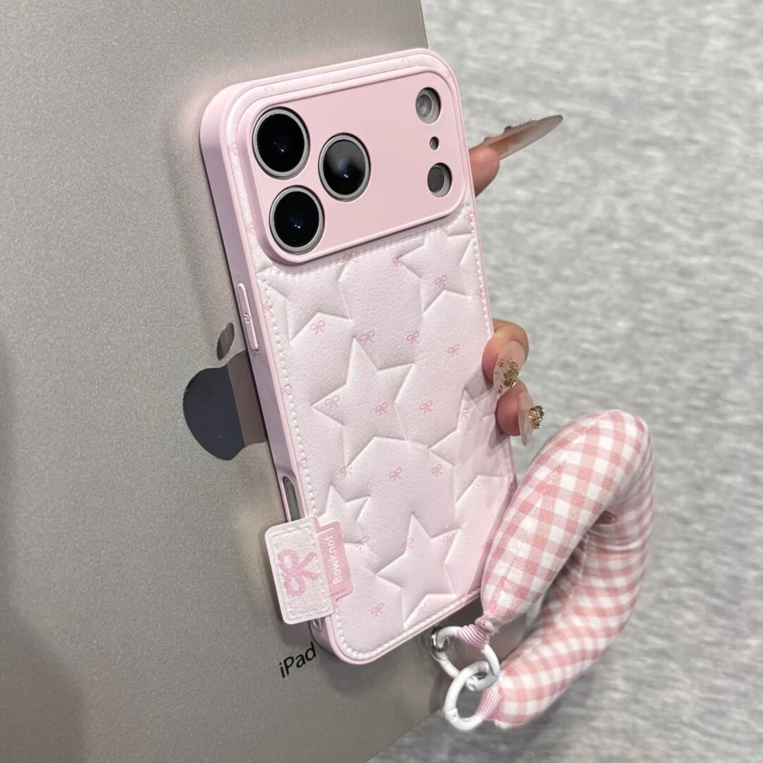 韩系ins星星压印皮纹满屏蝴蝶结适用于苹果17皮纹全包iphone16pro