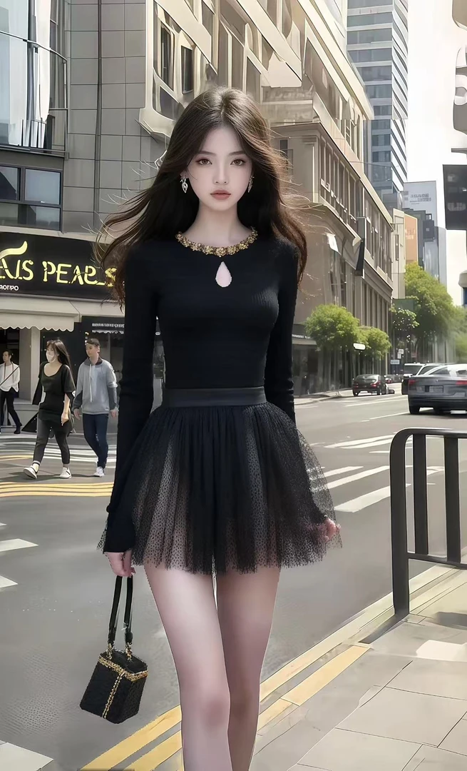 小众新款气质温婉千金风黑色圆领长袖上衣+网纱高腰半身裙两件套