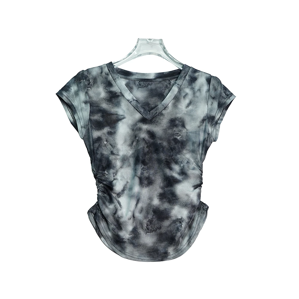 X2475【上新】独特别致v领设计感不规则褶皱黑色短袖T恤