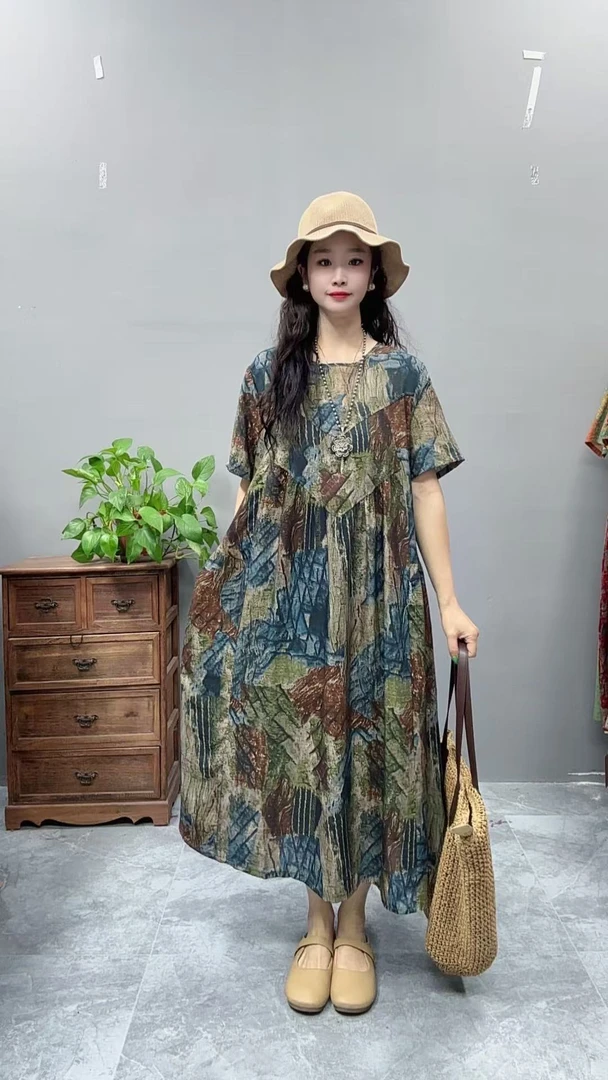 5061夏季新款清凉气质时尚复古遮肚宽松女显瘦百搭圆领休闲连衣裙