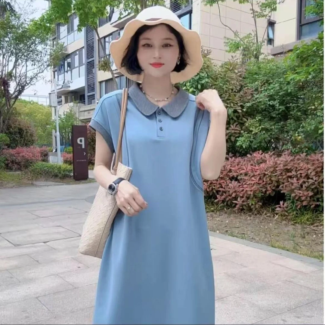 夏季新款撞色连衣裙直筒减龄百搭拼色POLO领休闲简约显瘦中长裙子