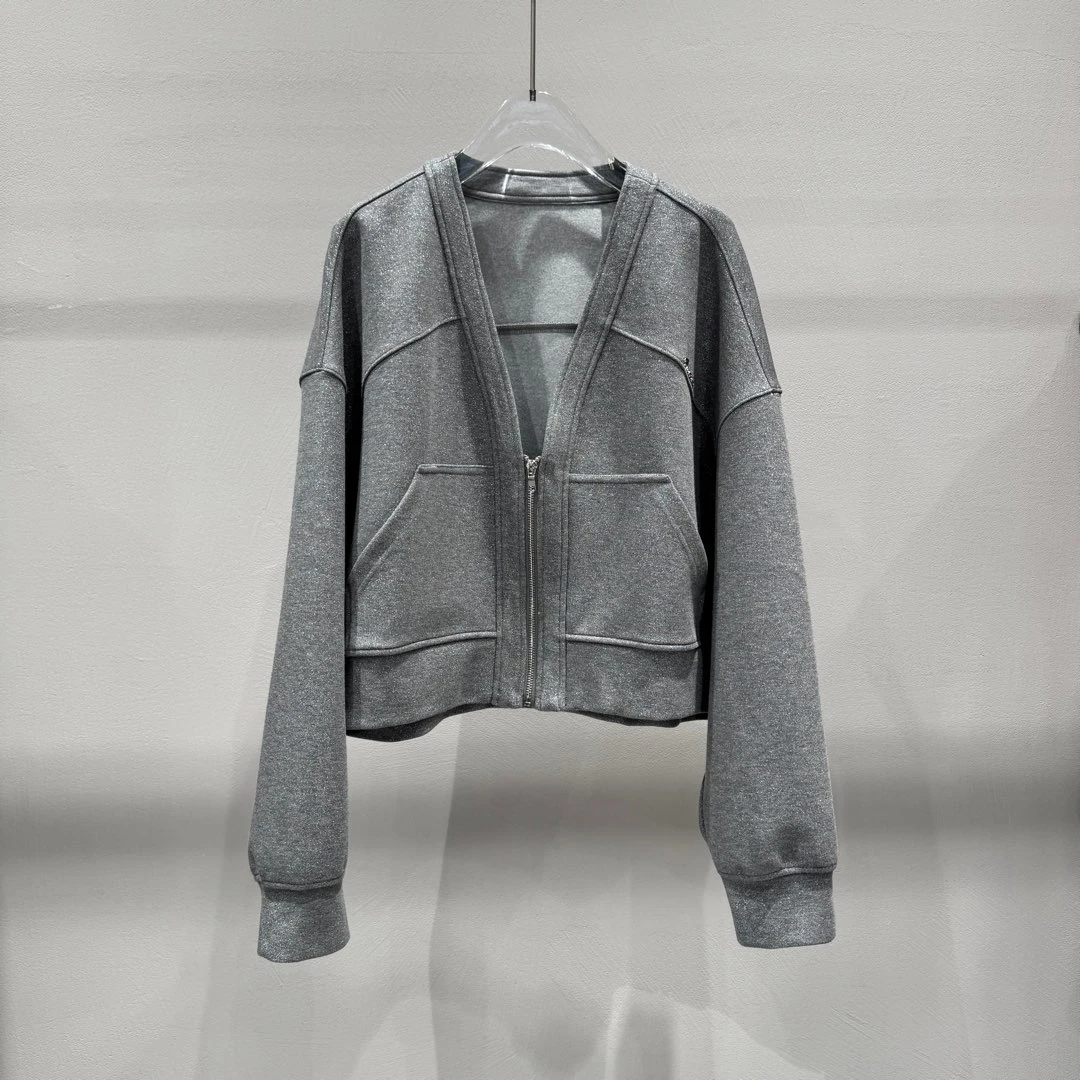 艾家2025春新款休闲百搭长袖运动显瘦V领宽松夹克短外套1006