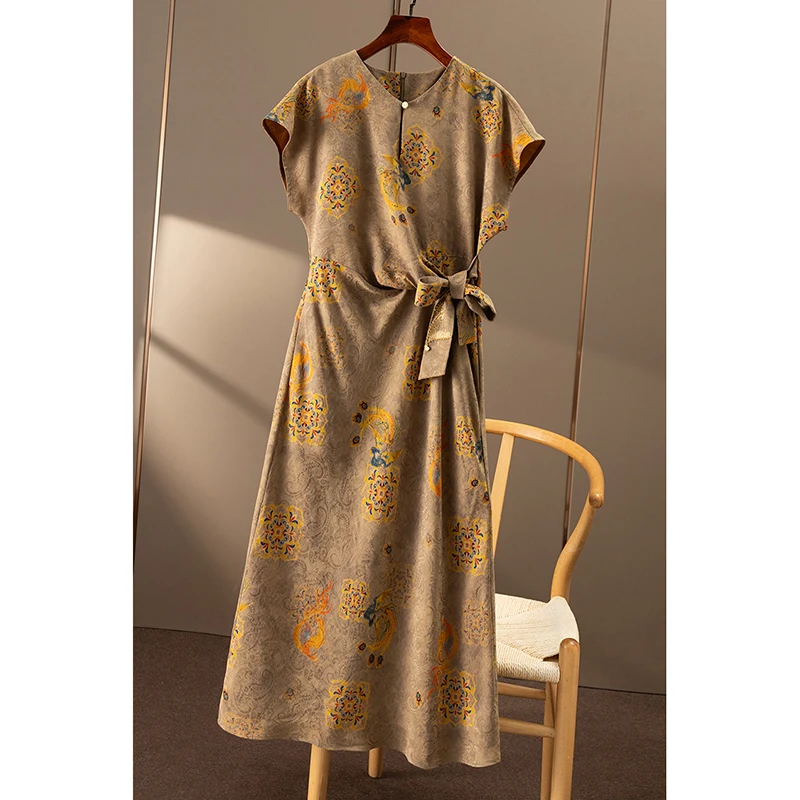 优雅华贵 新中式重磅真丝香云纱包肩袖收腰连衣裙春天家女60A5