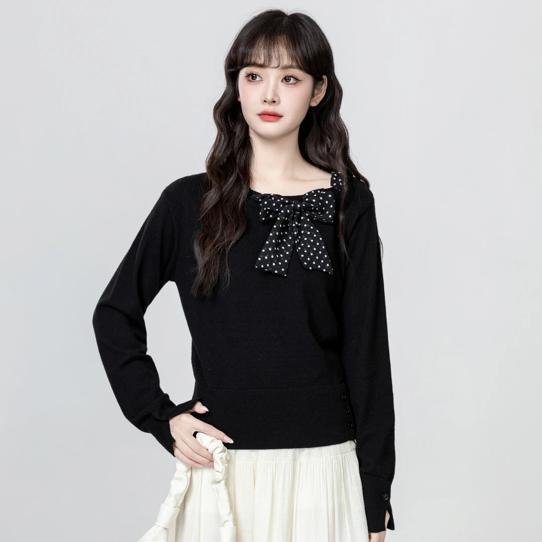 黑色圆领长袖针织衫女春秋2025秋季新款波点蝴蝶结系带毛衣短上衣