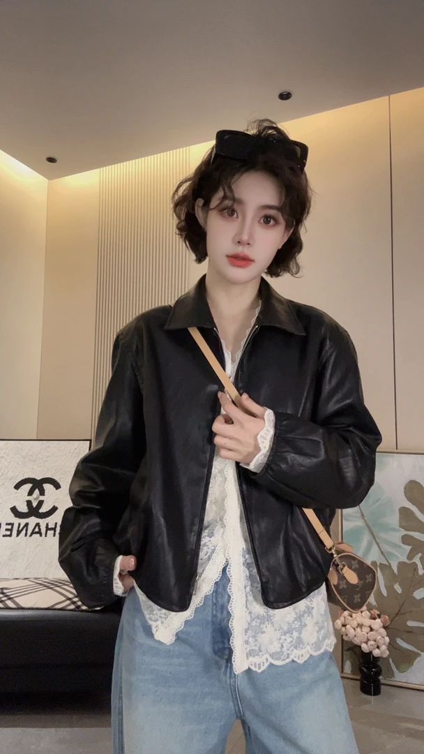 YUE JI 2025春秋款女装雅丹风宽松轮形翻领PU皮外套 2502-LL03