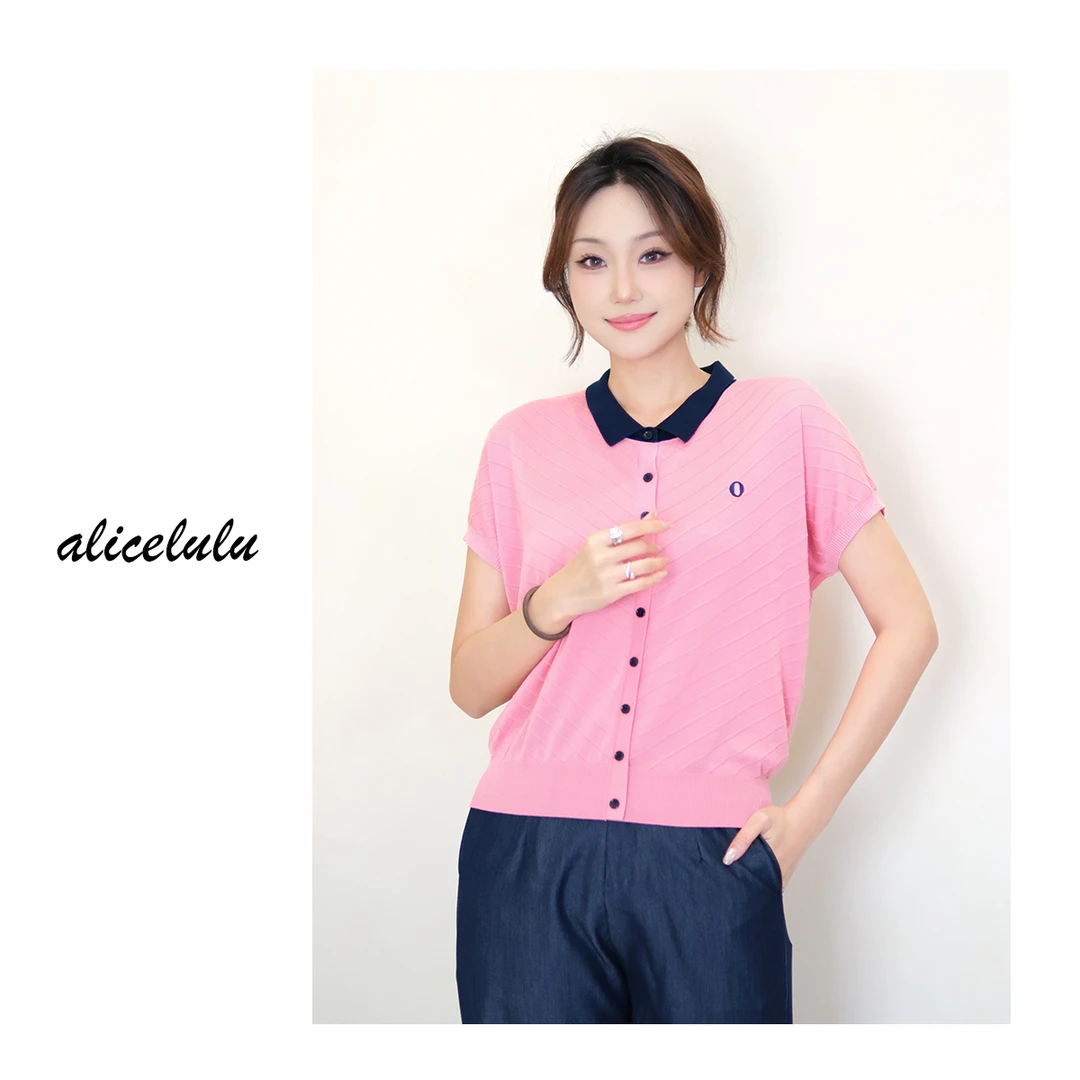 [alicelulu]拼接百搭短袖polo领正肩毛针织衫S1035069T