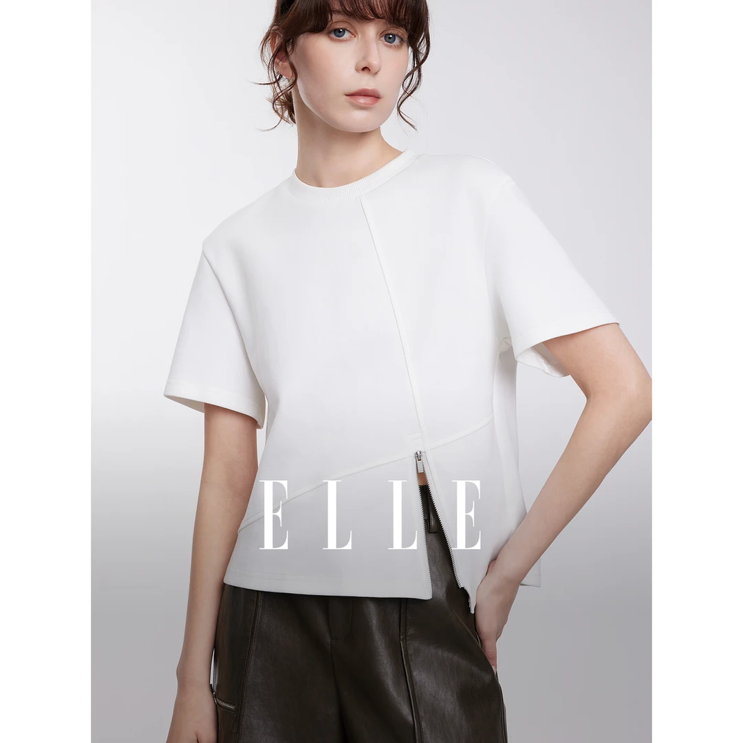 ELLE不规则下摆T恤女2025春季新款拉链开叉设计感ET50759