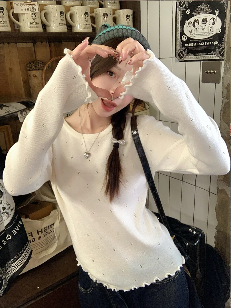 初秋冬季韩系穿搭温柔风木耳边百搭针织衫长袖打底毛衣女内搭上衣