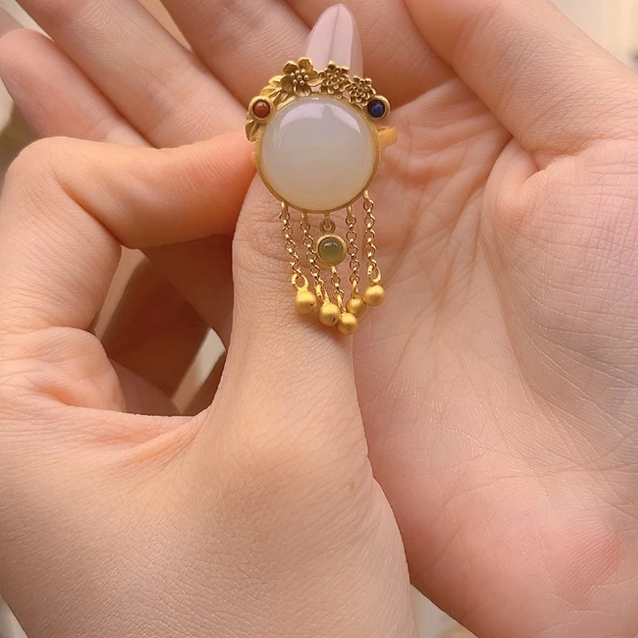 和田玉戒指银S925镀金镶嵌