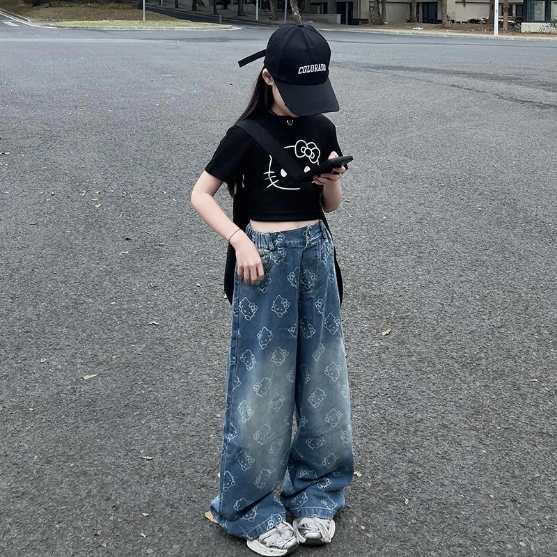 女童爵士舞服套装2025新款儿童蓝色牛仔阔腿裤女孩走秀服演出服潮