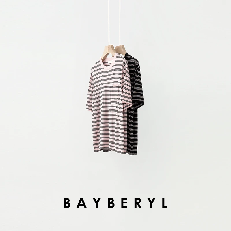 BAYBERYL老贝黑粉条纹圆领时尚百搭短袖秋针织衫ZZS5C2827-7/27