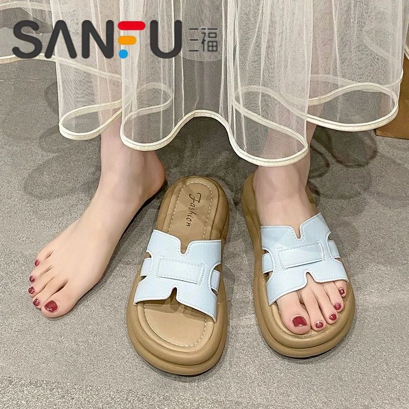 三福真皮厚底编织一字拖鞋女外穿2025夏新款仙女风罗马沙滩凉拖鞋