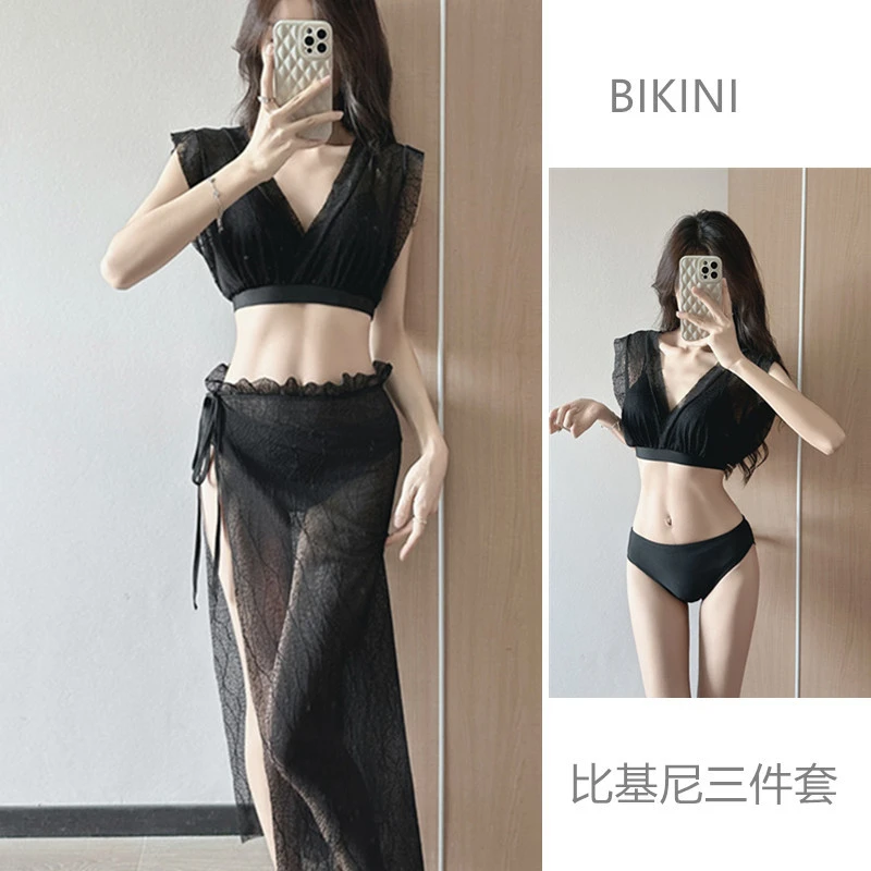 海边比基尼性感bikini超仙黑色三件套2025新款泡温泉泳衣女高级感